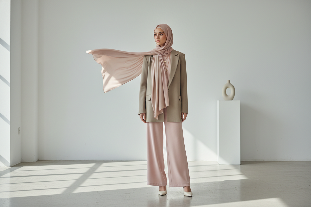 femme voilée élégante portant des vêtements chics avec hijab dans les tons beiges et roses. dans un cadre épuré
